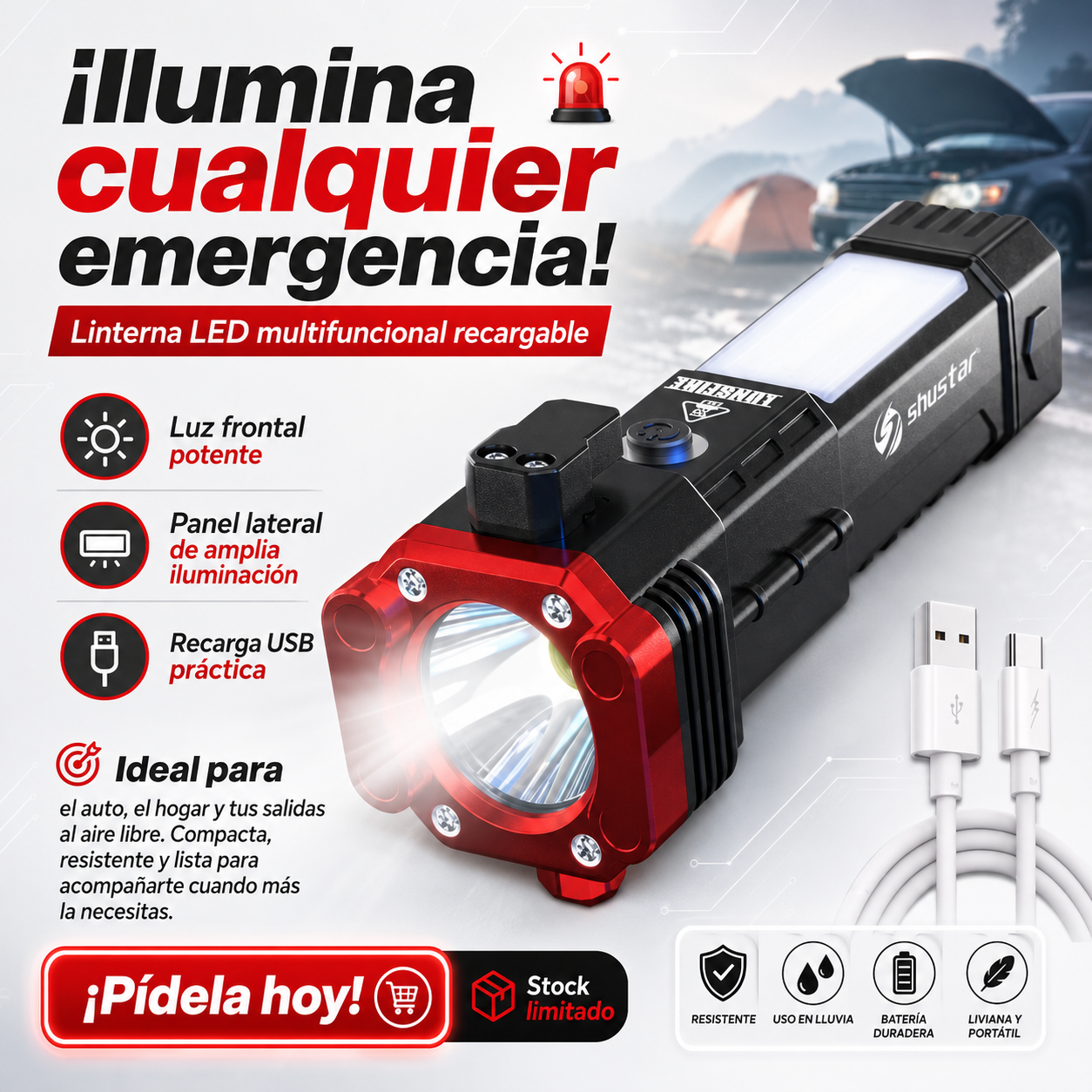 Linterna Multifuncional 4 En 1 Recargable